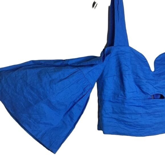 Nicole Miller Hailey Cold Shoulder Top Size Large Cropped Bell Sleeve Blue New - Picture 3 of 8